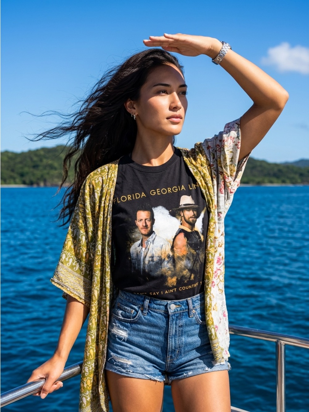 Florida Georgia Line Upcycled Graphic Tee with Kantha Sleeves free size up to 3x